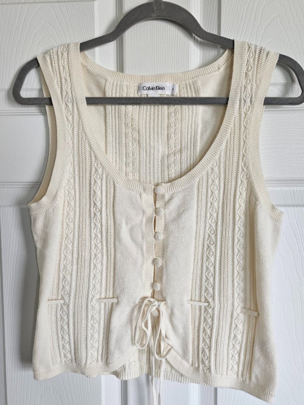 Calvin Klein - Cotton Button Front Cable Knit Tie Waist Sweater Vest - Small
